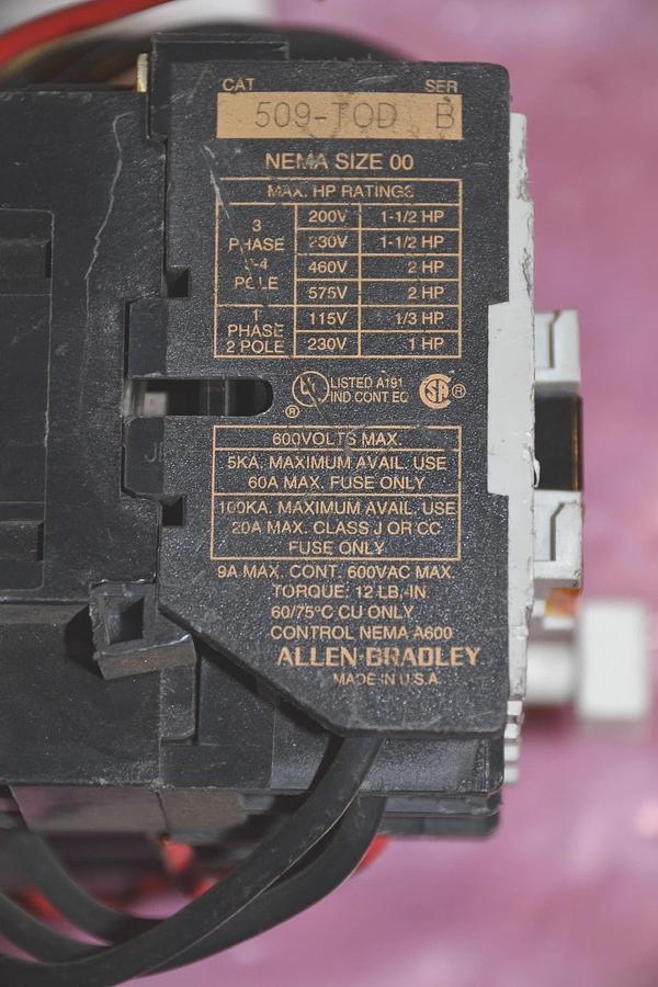 Used ALLEN BRADLEY CONTACTOR 509-TOD SER. B  SIZE SZ 00 9 A AMP 600 VAC 600V
