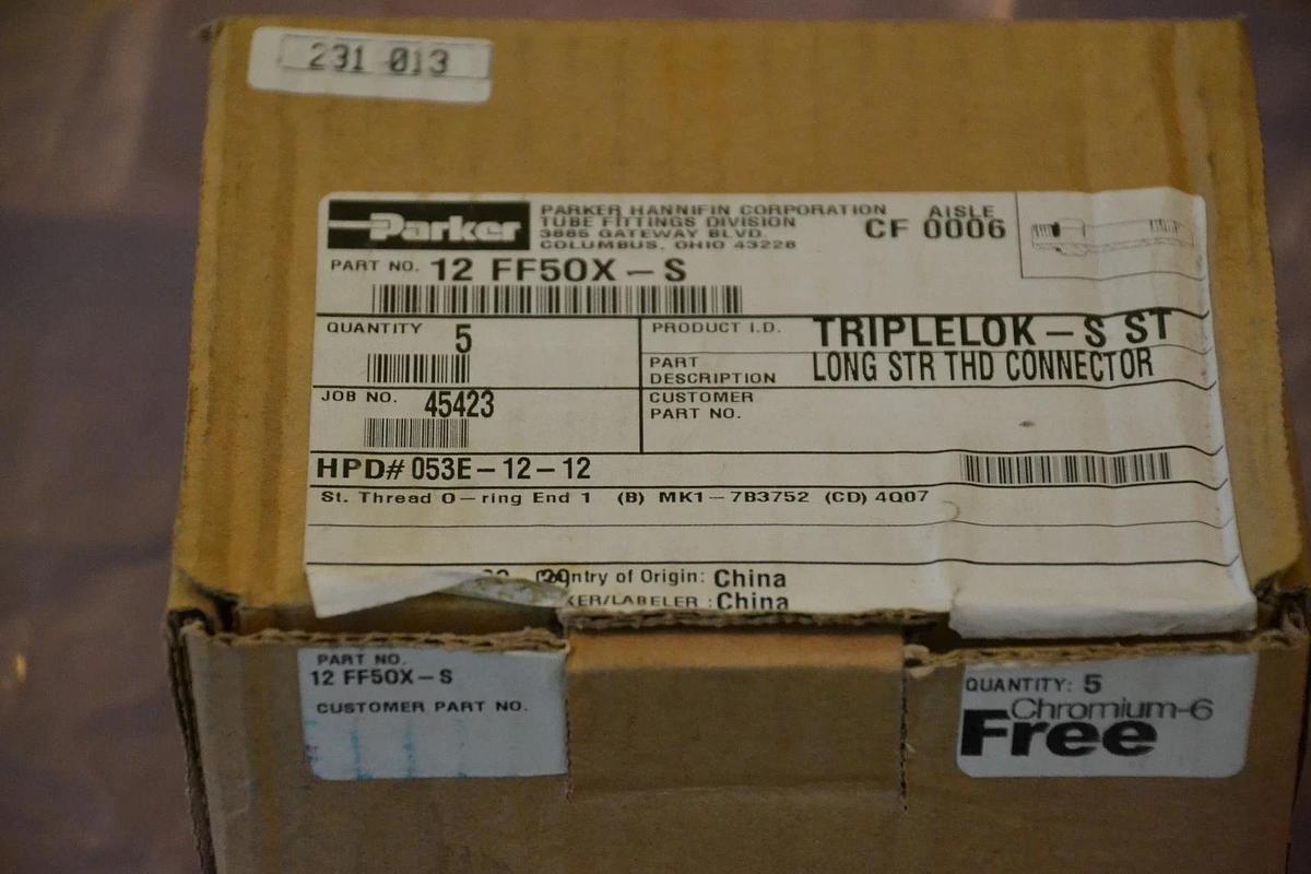 Box of 5 Parker Triplelok-S ST Long STR THD Connector 12FF50X-S 12 FF50X-S NEW