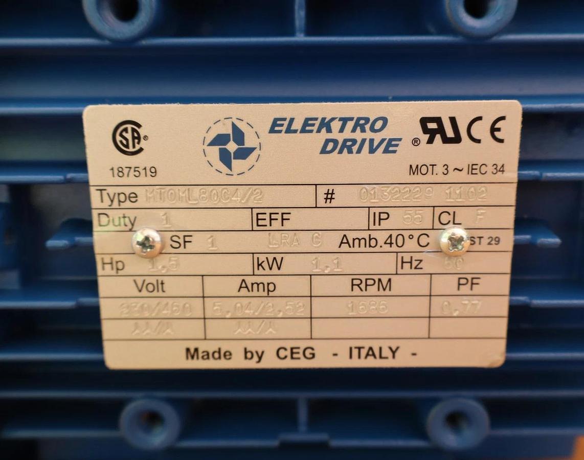 Elektro Drives CEG Motor MT0ML80C4/2 1.1kW 1.5hp 1686rpm 4p 230/460v  (New)