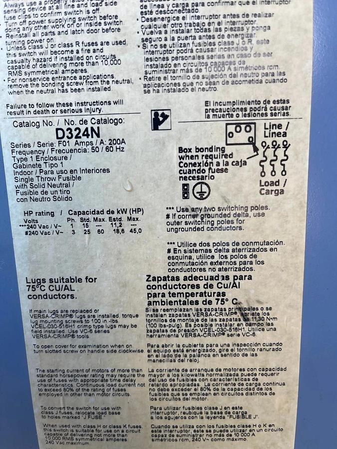 Used Square D General Duty Safety Switch D324N F01 200amp 200 A 200A 240v Fused