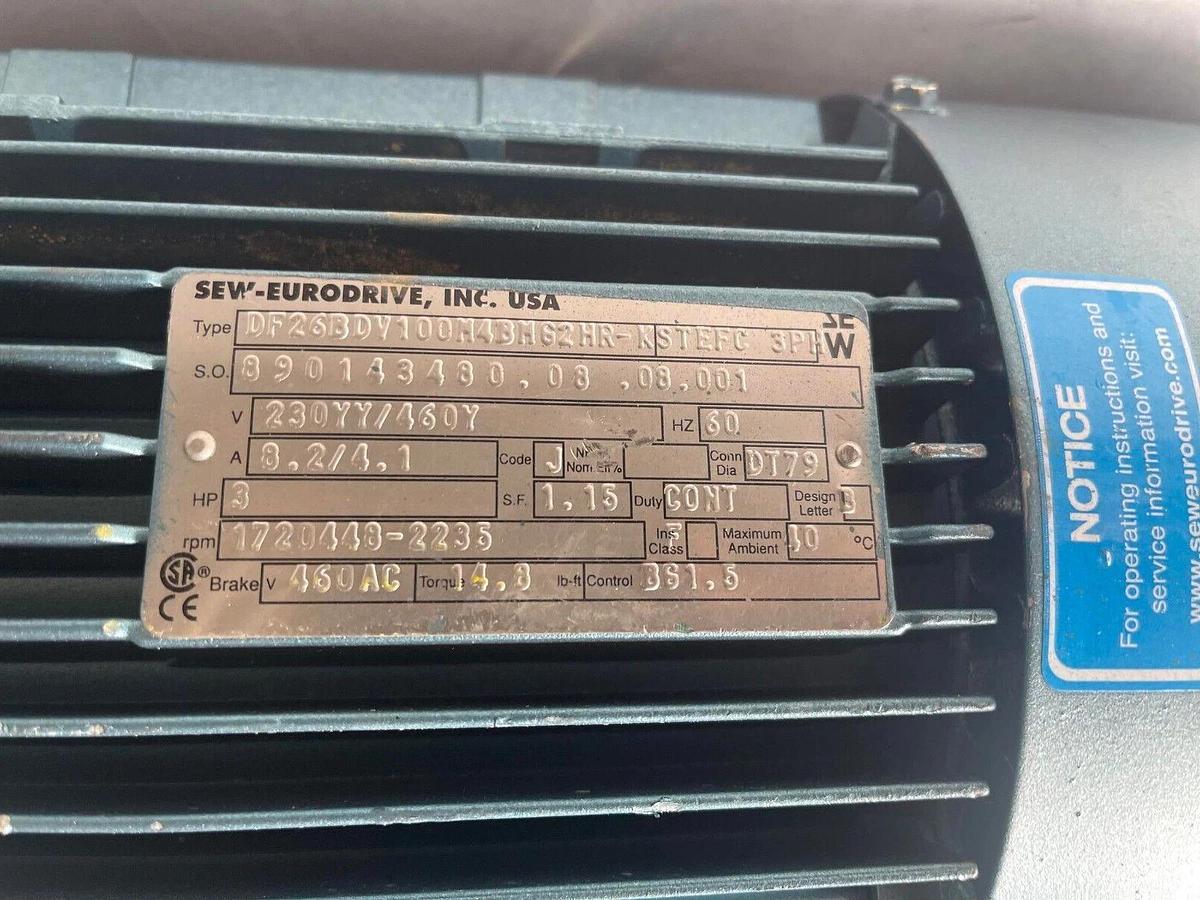 Sew Eurodrive AC Motor 3hp 3 HP  DF26BDV100M4BMG2HR-K STEFC 3ph 230/460v NEW