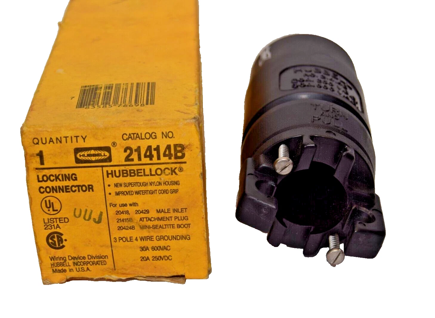 Used Hubbel Hubbellock Locking Connector 21414B 3p 4w 30a 600v 20a 250v *HOUSING ONLY