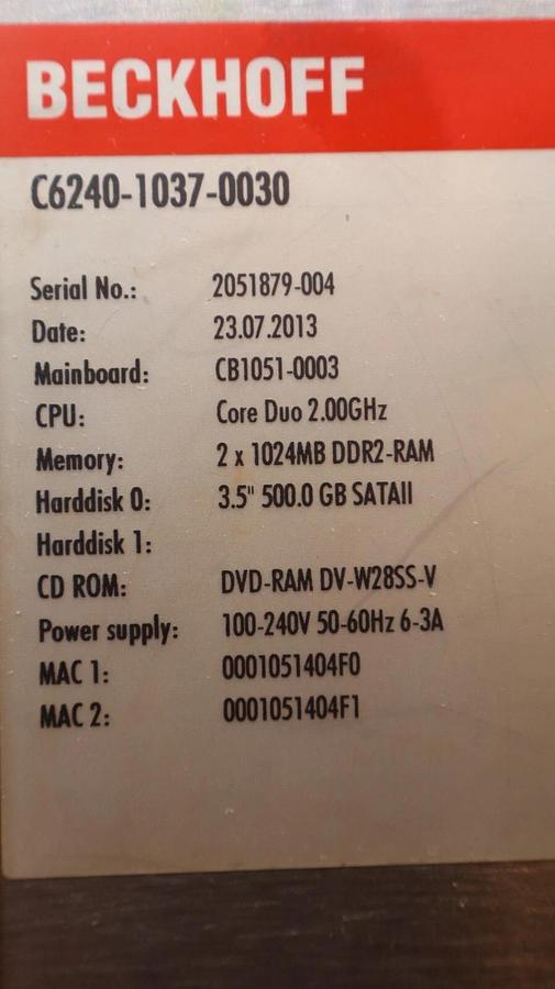 Used Beckhoff Industrial PC C6240-1037-0030  CB1051-0003 CB1051-05 "no hard drive"