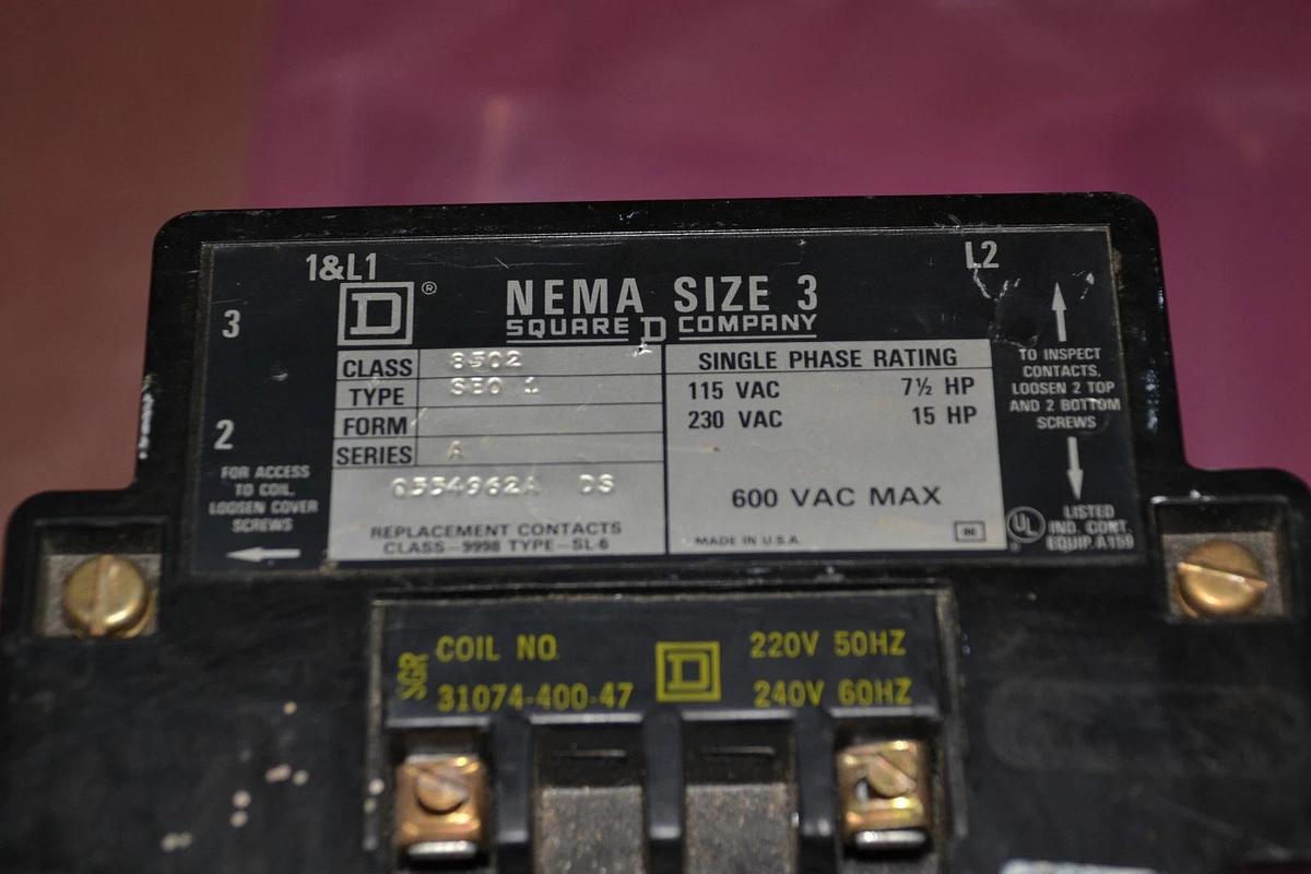 Refurbished SQUARE D CONTACTOR 8502 SEO1 8502SEO1 SIZE SZ 220V COIL
