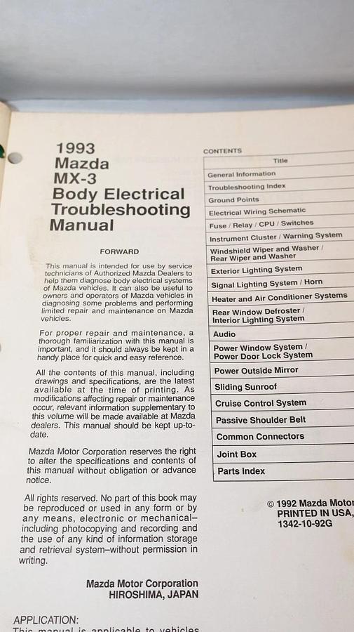 Used MAZDA MX-3 1993 Body Electrical Troubleshooting Manual