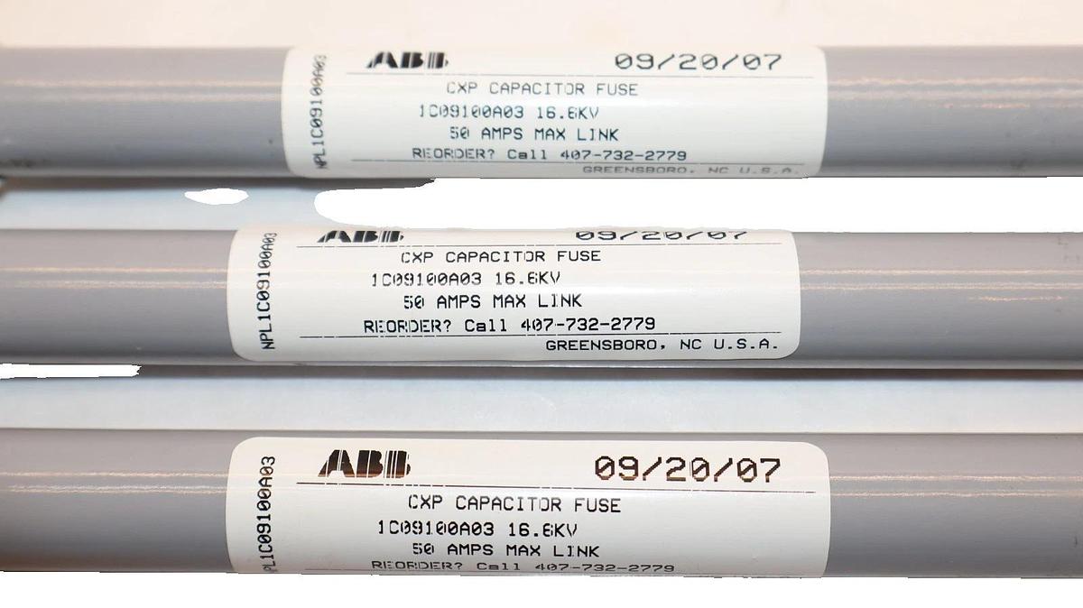ABB 1C09100A03 16.6KV 50A Amp CXP Capacitor Fuse (New - Lot of 3)