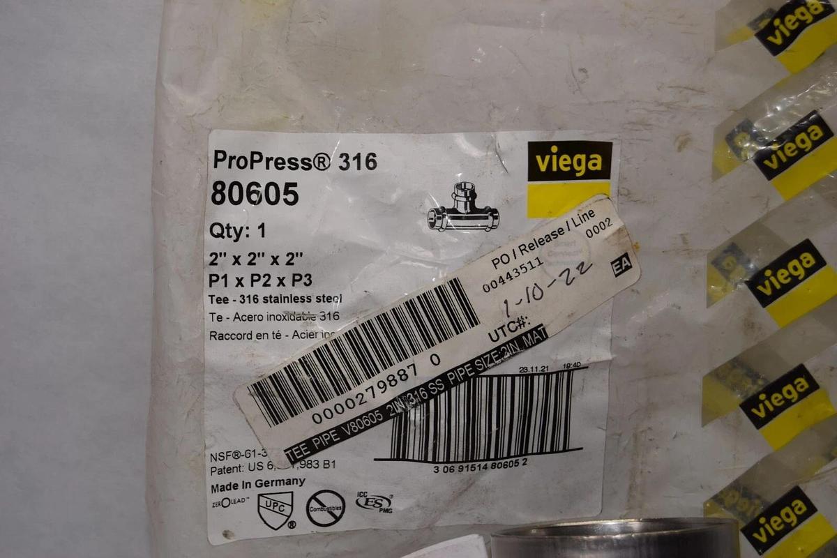 VIEGA 80605 2" x 2" x 2" 2 inch 316 SS 316ss Stainless ProPress T Tee Pipe (NEW)