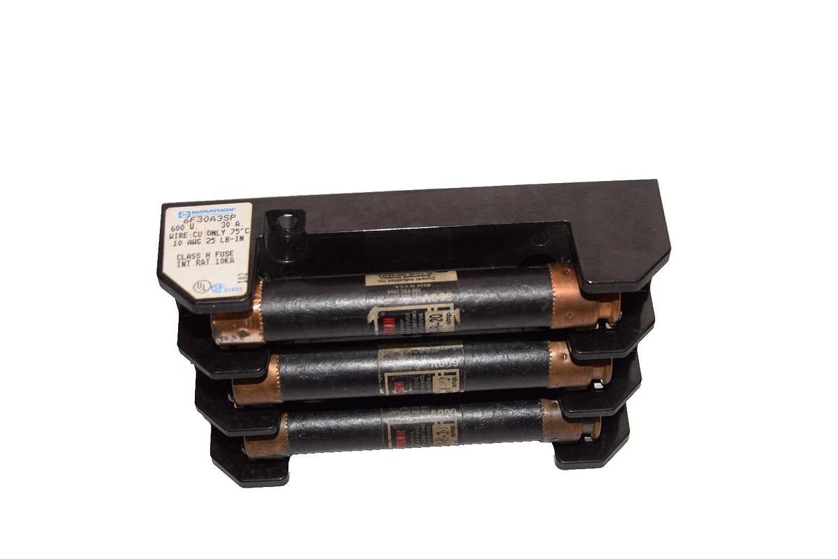Used Marathon 6F30A3SP 600V 600V 30A Fuse Holder with (3) FRS-R-20 20A Fuse