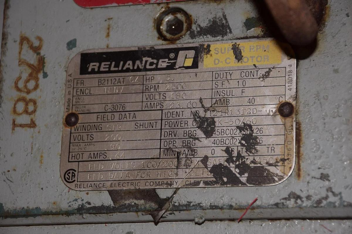 Used RELIANCE 5HP DC Motor, B2112ATCZ 180V, 2500RPM   5 HP