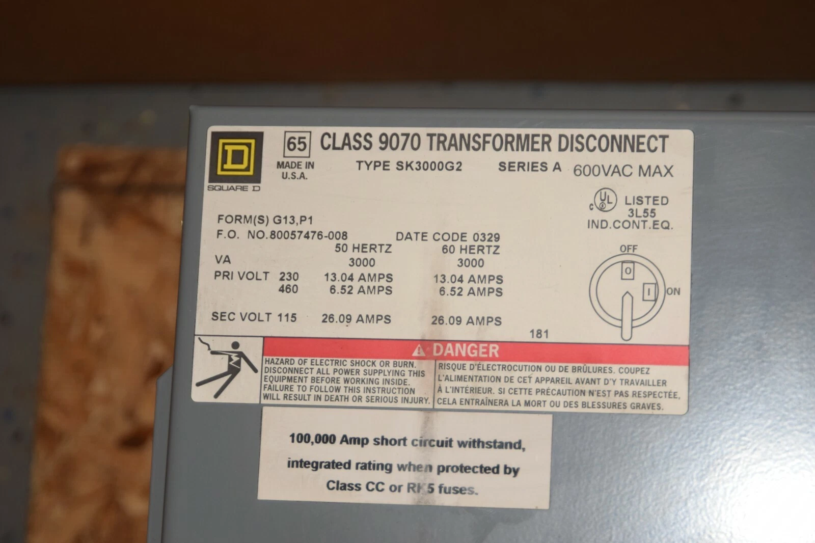 (NEW) SQUARE D 9070SKG3000G2 Ser A 600Vac 50/60Hz Transformer Disconnect