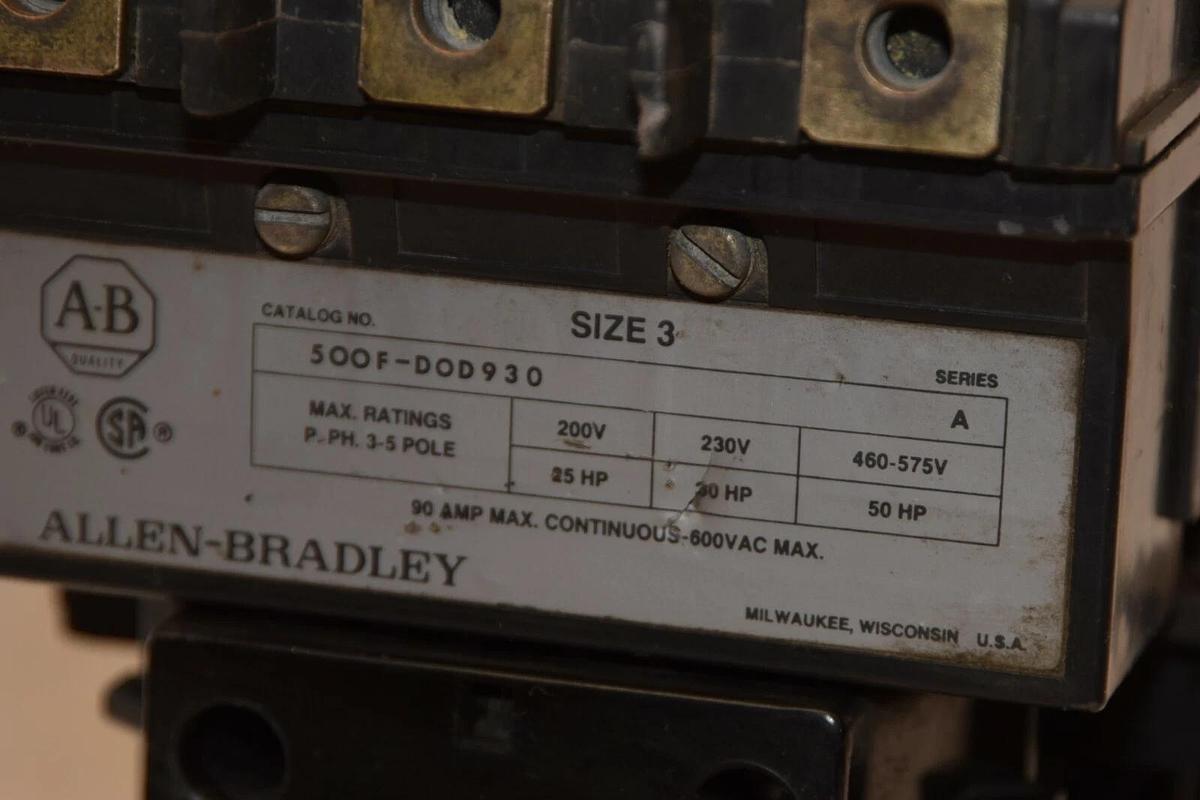 Used ALLEN BRADLEY Contactor 500F-D0D930 500F-DOD930 Ser A Size Sz 3 90Amp 120V Coil