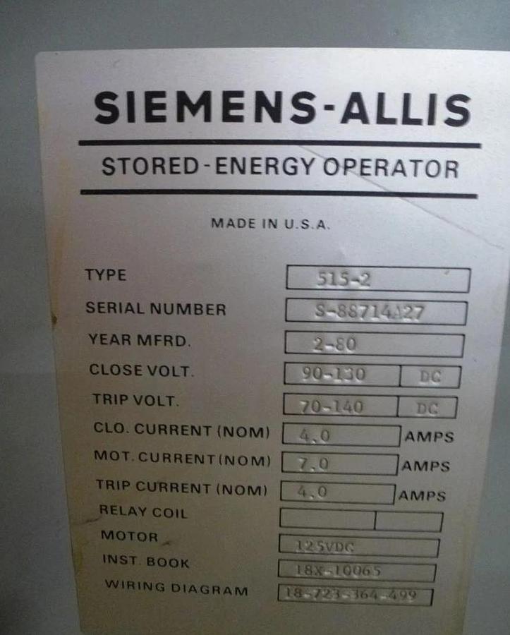 Used Siemens High Voltage Circuit Breaker FB-500A1 512-2 1200A 125 vdc 1200 A 125v