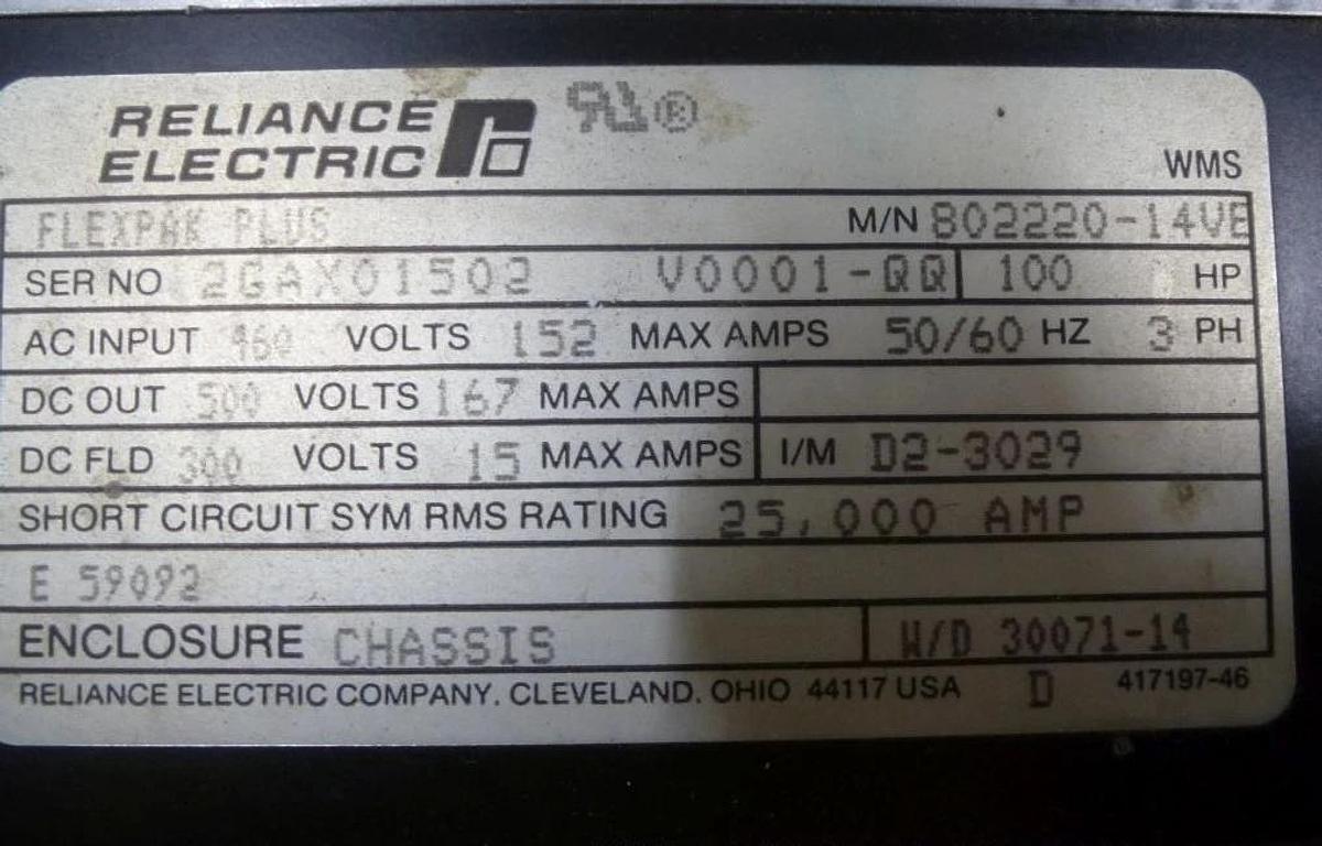 Used RELIANCE ELECTRIC FLEXPAK PLUS 100HP POWER MODULE 802220-14VE 500VDC 460VAC