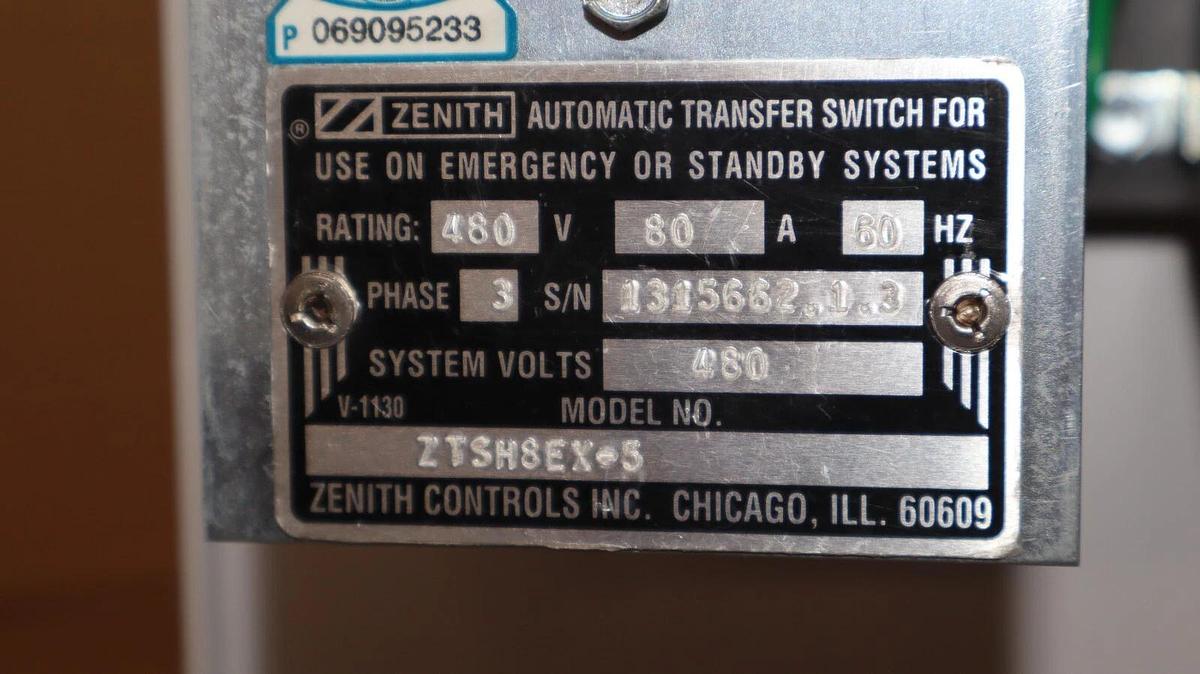 Used Zenith Automatic Transfer Switch ZTSH8EX-5 ZTSH8EX5  80a 80 Amp 480v 3ph K2119