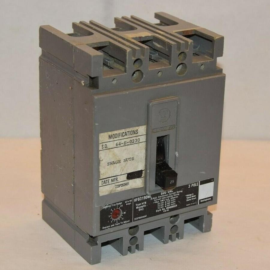 Used WESTINGHOUSE HFB3190ML 25A 600Vac 3 Pole Mark75 Circuit Breaker