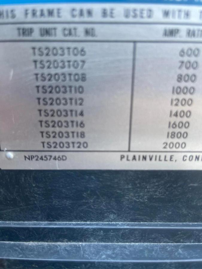 Used General Electric GE Power Breaker Circuit Breaker TS203F 2000a 2000 Amp Trip