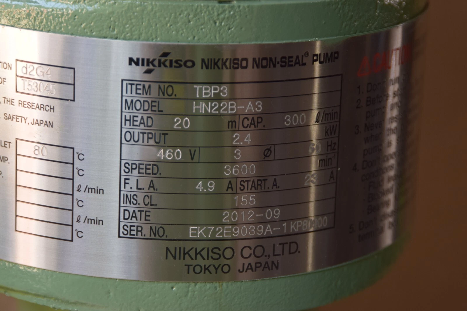 Nikkiso Non-Seal Pump TBP3 HN22B-A3 HN22BA3 Head: 20m 2.4kw 460v 300 L/min (NEW)