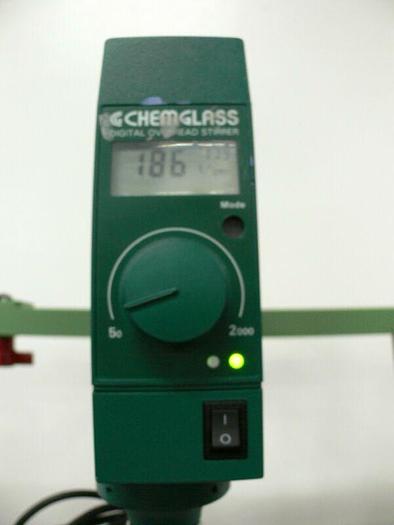 Used Chemglass 5 Liter Jacketed Glass Reactor w/ Chemglass Digital overhead Stirrer