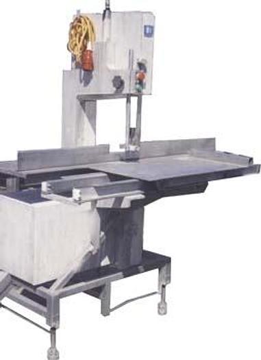 Used Band saw with sliding roller table for cutting blocks of frozen fish, etc.