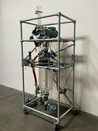 Used Sentinel Process System Skid w/ 20 L Jacketed Glass Reactor, Condenser & Mixer