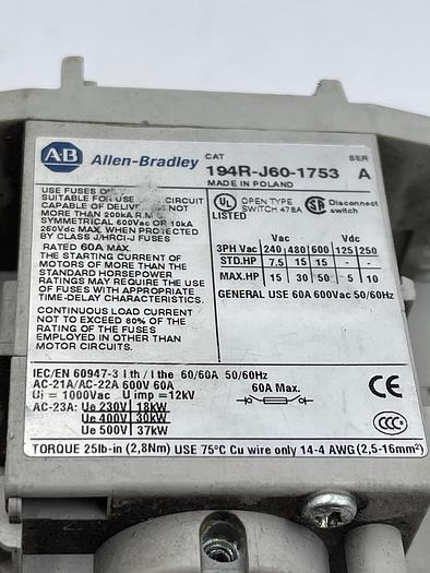 Used ALLEN-BRADLEY 194R-J60-1753 Ser A