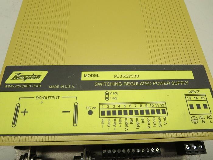 Used Acopian, W135LT530,DC Power Supply,Output:135 VDC,5.3 AMPS,Regulated, Switching