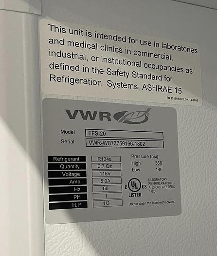 Used VWR FFS-20 Low Temperature Laboratory Freezer -20C 30Cu,Ft