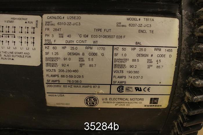 Used US Electrical Motors T811A 25 Hp, 1770 RPM, 460 Volts, 284T Frame Ac Motor #35284