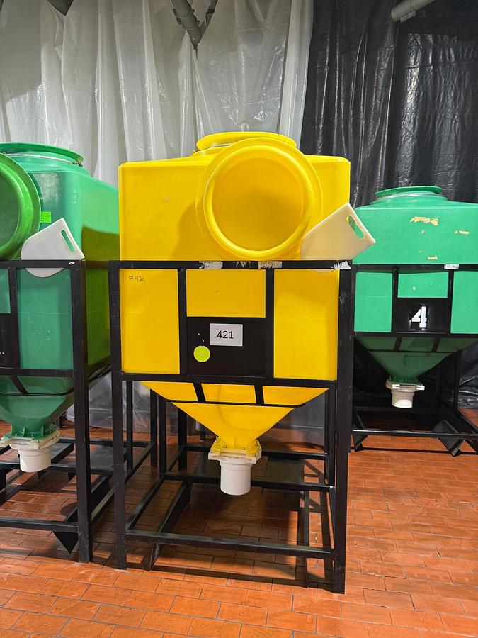 Used Miraplastek TCT6-1200 Polyethylene Hopper Totes with Steel Support Frames
