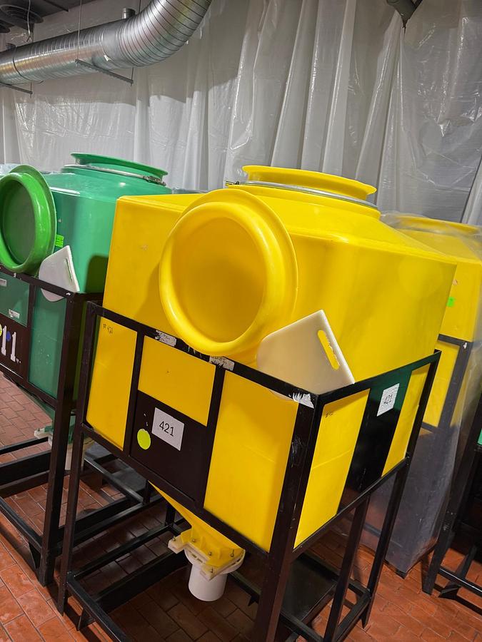 Used Miraplastek TCT6-1200 Polyethylene Hopper Totes with Steel Support Frames