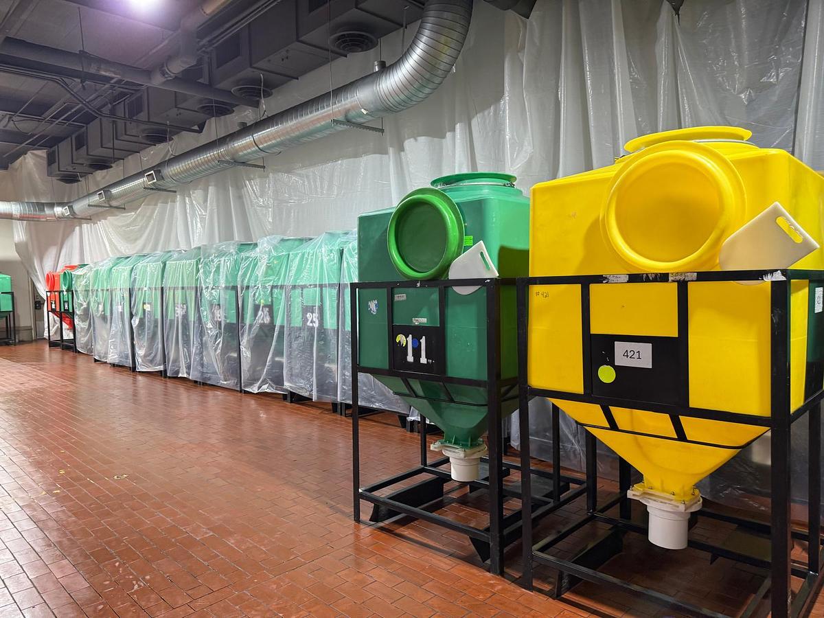 Used Miraplastek TCT6-1200 Polyethylene Hopper Totes with Steel Support Frames