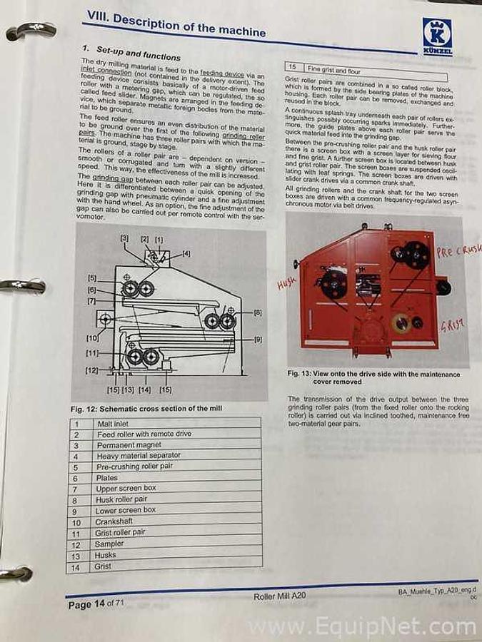 Used Brewery Grain Milling System Including Kunzel Type 6 Roller Mill