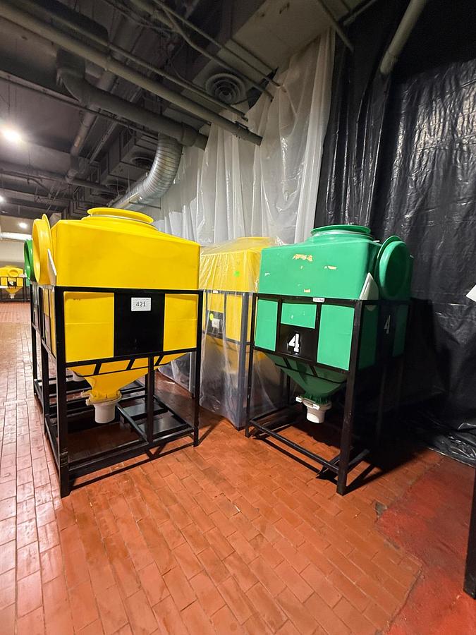 Used Miraplastek TCT6-1200 Polyethylene Hopper Totes with Steel Support Frames