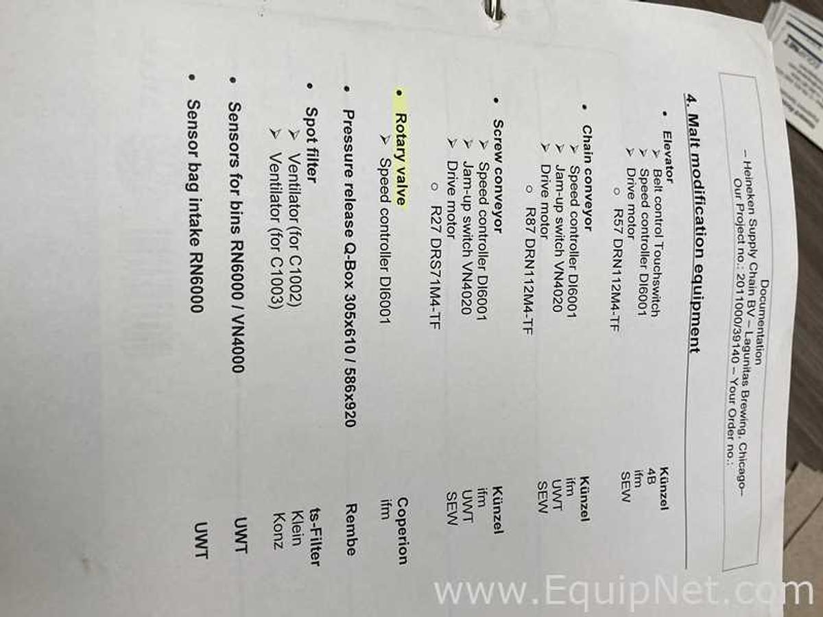 Used Brewery Grain Milling System Including Kunzel Six Roller Mill