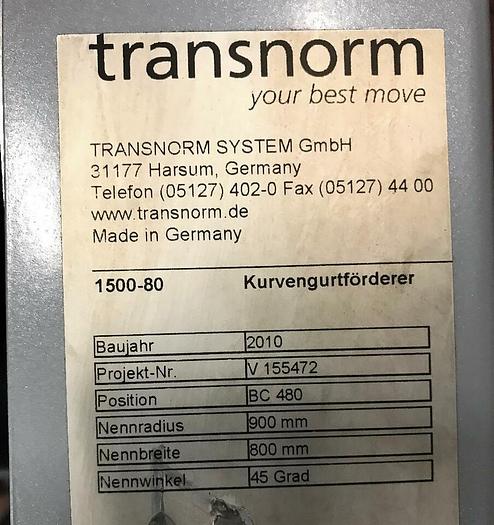 Gebraucht TRANSNORM Kurvengurtförderer Transnorm 45° Rechts 1500-80