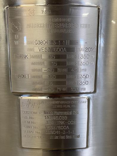 Used 2014 Allegheny Bradford 171 Liter Stainless Steel Jacketed Reactor 45 PSI w/ Agitator