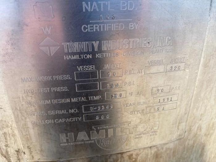 Used 500 Gallon Hamilton Stainless Steel Jacketed Mix Kettle