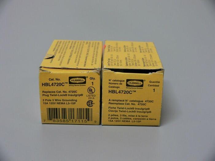 Used Lot of 2 Hubbell HBL4720C Twist Lock Plug 2-Pole, 3-Wire, 15A, 125Vac
