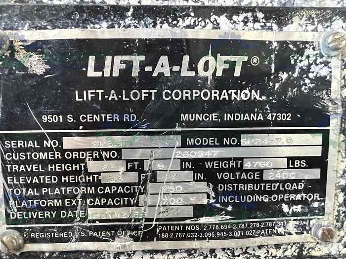 Used Lift-A-Loft  SP24-7.5 Work Platform Scissor Lift 750 Lbs Capacity 23 Ft Height
