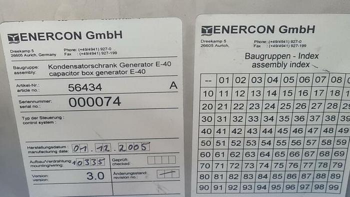 Gebraucht Enercon E-40 E1 – 500kW – Kondensatorschrank Generator, Art-Nr. 56434