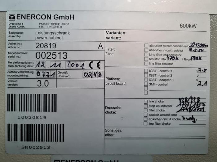 Gebraucht Enercon E-66 / E-70 / E-40 6.44 Leistungsschrank 600 kW Art-Nr. 20819