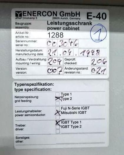 Gebraucht Enercon E-40 Leistungsschrank 250 kW, Art-Nr. 1288