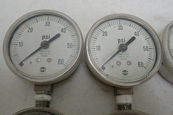Used Lot of 6 USG 316 SST Tube Connection Welded 0-60 PSI Pressure Gauges