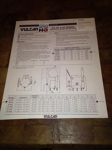 Used VULCAN #GL60E 60 GAL. NAT. GAS STEAM KETTLE WITH S/S COVER, 1.5" TANGENT DRAW OFF VALVE, only @ AMERICA'S STEAM KETTLE HEADQUARTERS ! (STOCK #573).