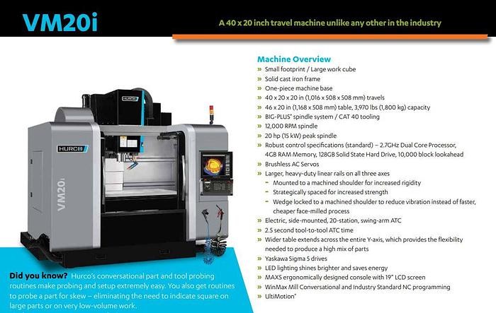Used 2020 HURCO VM20i Vertical Machining Center *** Only 10 Hours***