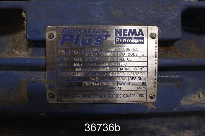 Used Teco 75 Hp Ac Motor, 575 Volt, 1180 Rpm #36736