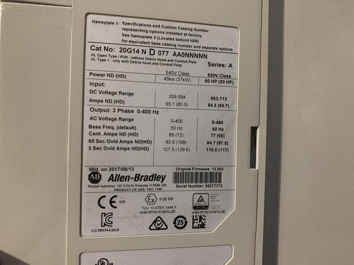 Used ALLEN BRADLEY POWERFLEX 755 DRIVE 60 HP