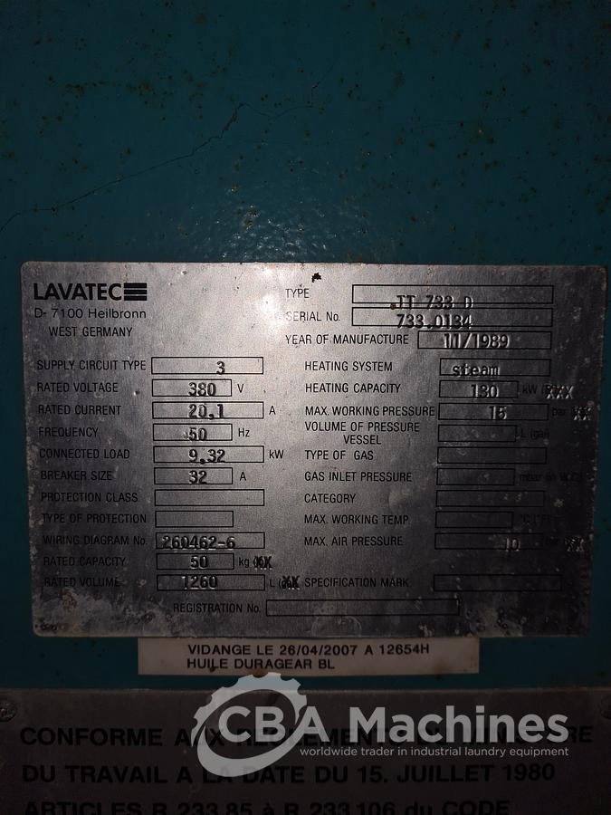 Used 1989 Dryer Lavatec TT733 - 50kg  ( 612 )