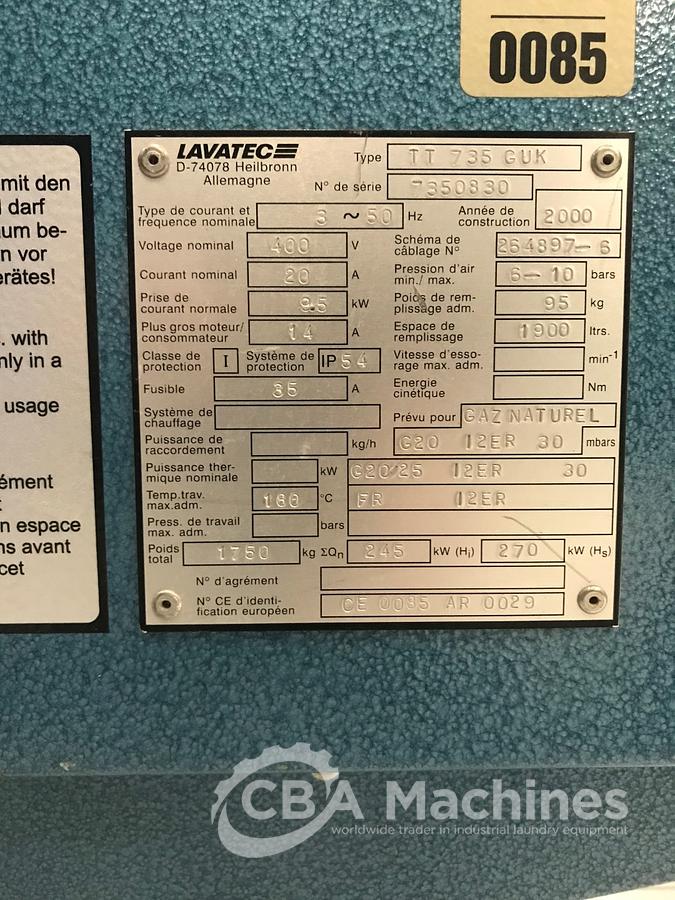 Used 2000 Dryer Lavatec TT735 G 75kg ( 448 )