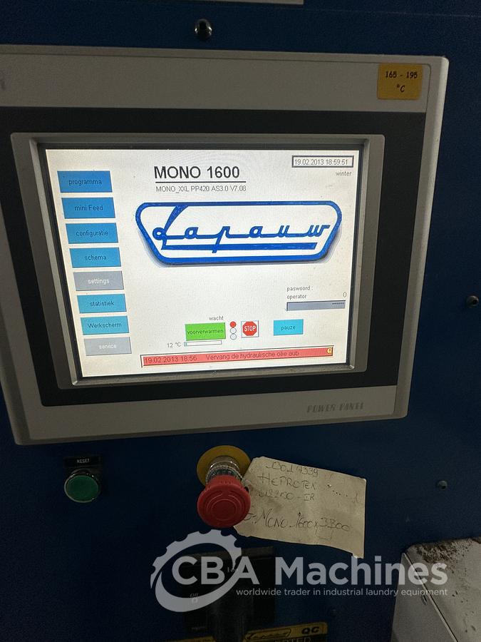 Used 2013 Lapauw small piece ironing line with vacuum table 1 roll 1600 Gas ironer and unifold 